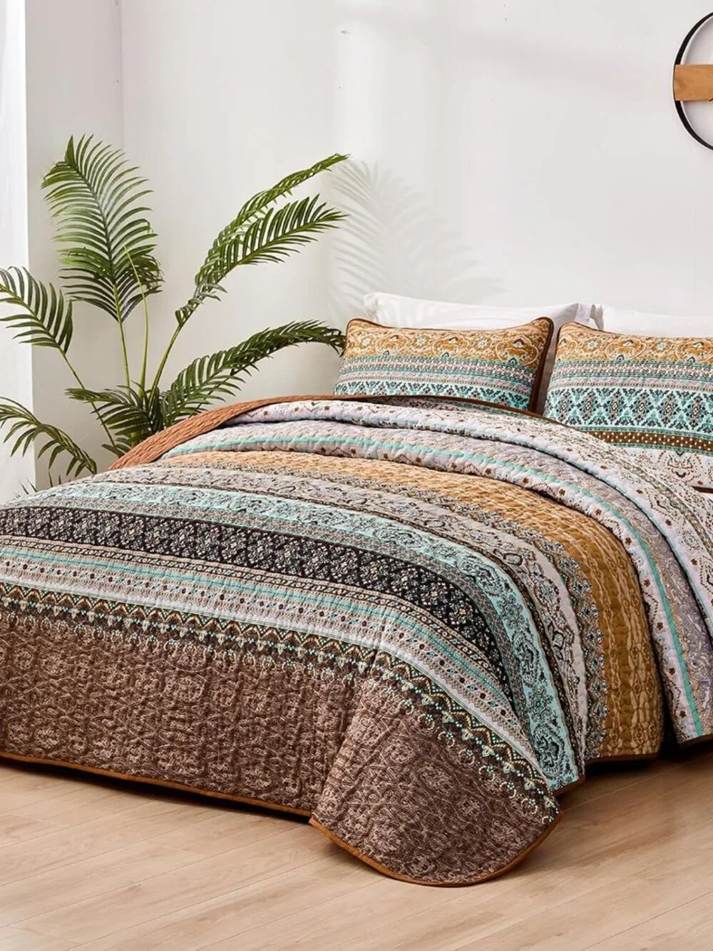 Boho Quilts Queen Size, 3 Pieces Bedspread Bedding Set, Brown | Bohemian Lightwe_2